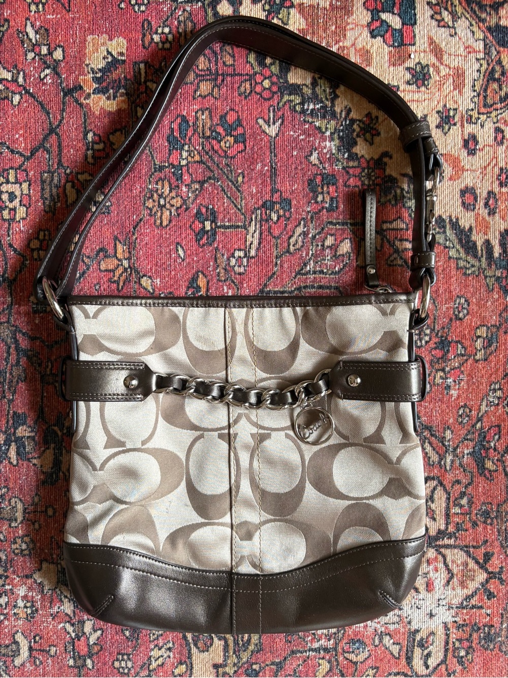 Coach Khaki and Dark Brown Signature Chain Shoulder Bag